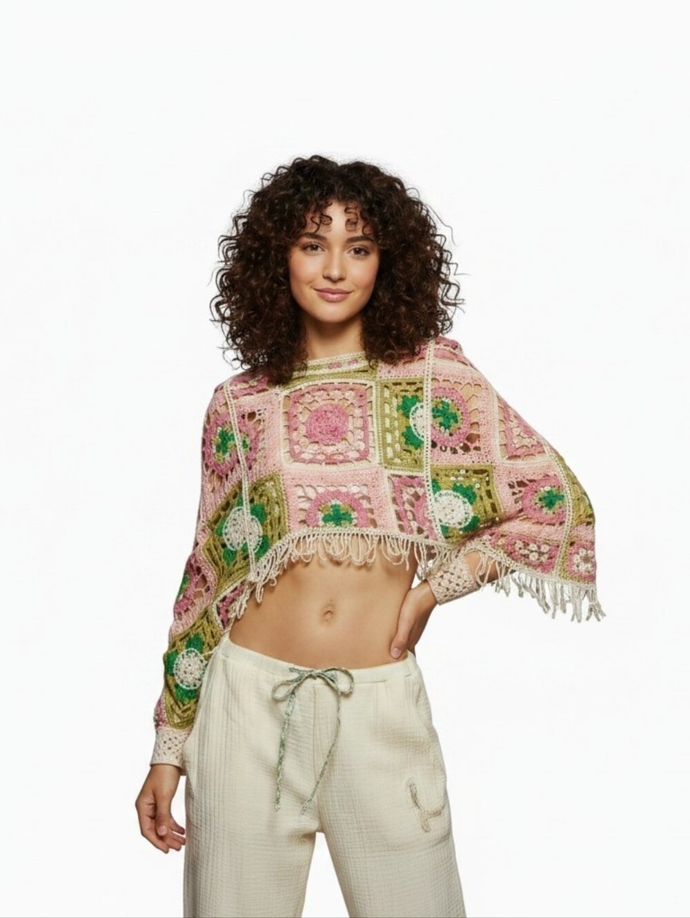 💥1 Left 💥Crochet Square Fringe Crop Top - Pink & Green By POL